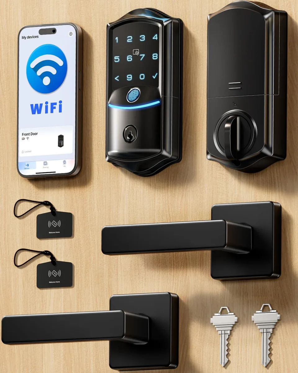 Matte black smart lock with handle and touchscreen keypad, 11.5 by 6.5 by 3 inches