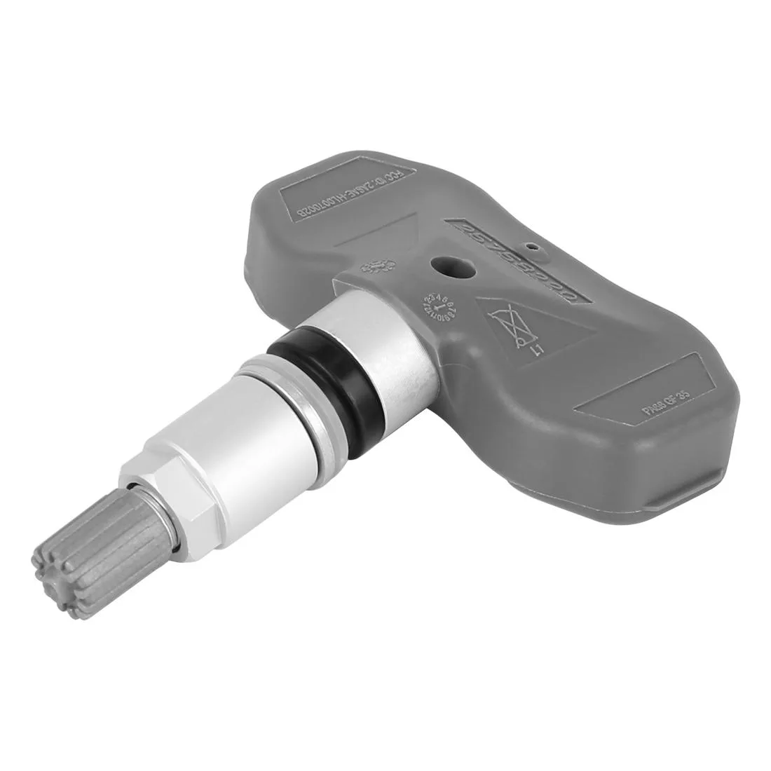 Small grey TPMS sensor with metal valve stem, plastic body, rubber seal, 315 MHz, M8 thread
