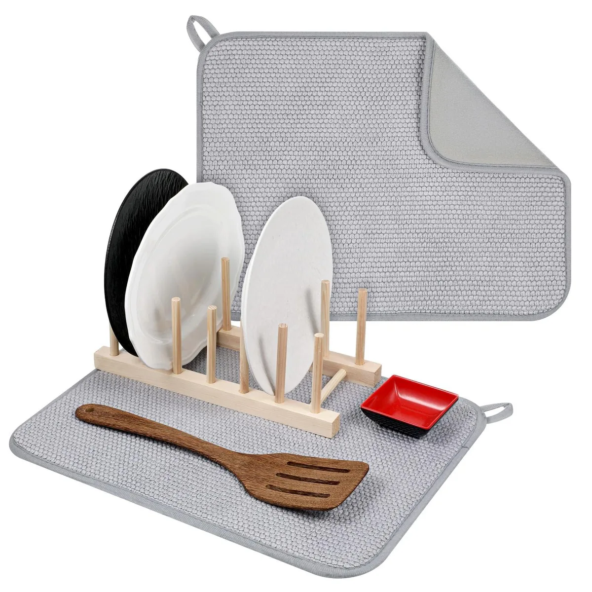 Gray microfiber drying mat, 15.74 by 11.8 inches, folded flat