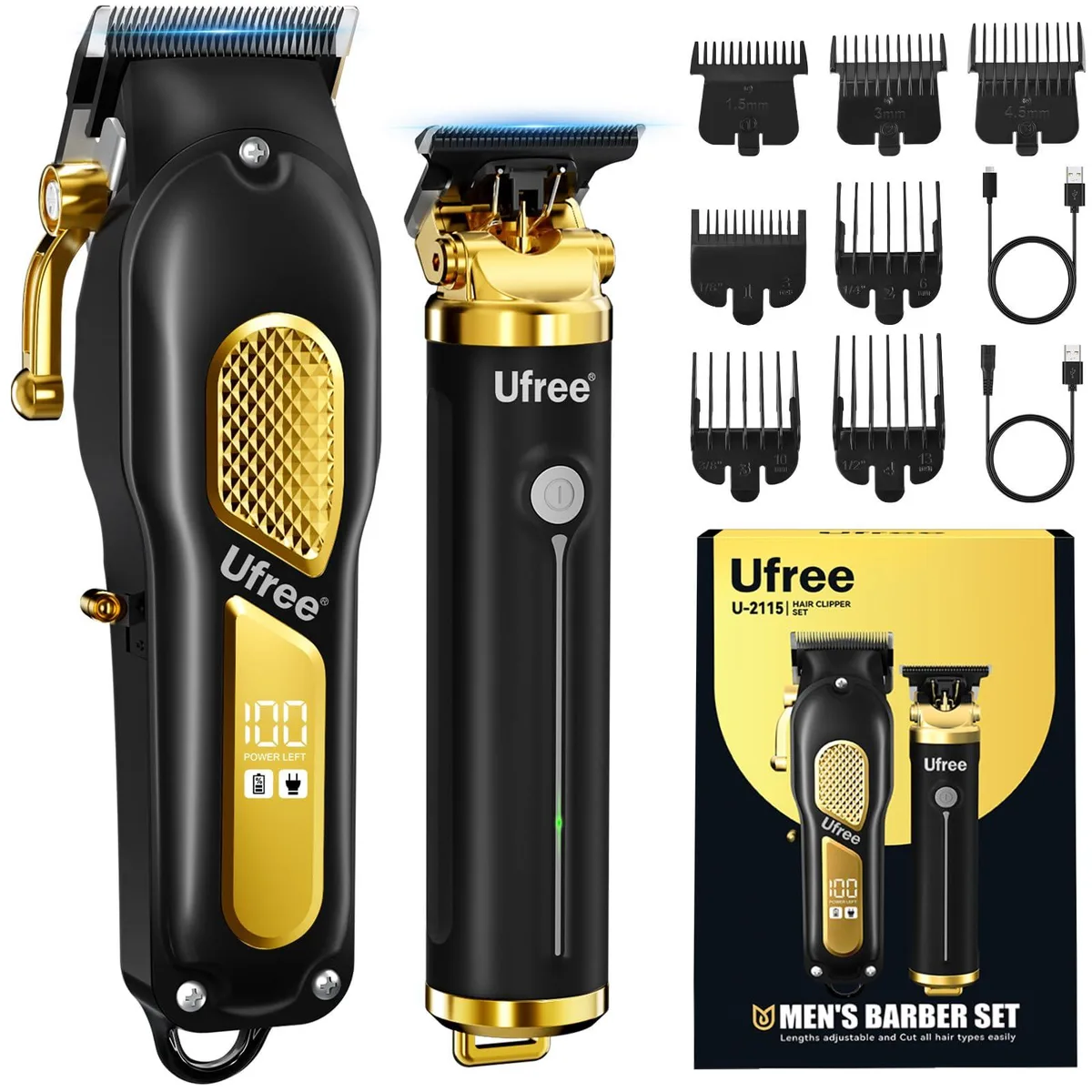 Black 5-in-1 grooming kit with clipper, trimmer, combs and USB cables