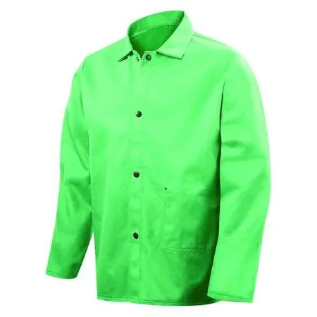 Green cotton welding jacket, 12 oz fabric, 30 in length, snap closure, leather reinforced, relaxed fit