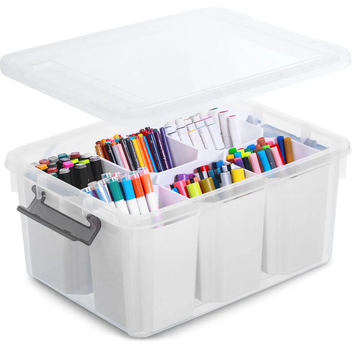 Clear plastic storage box with white lid and six removable inserts inside