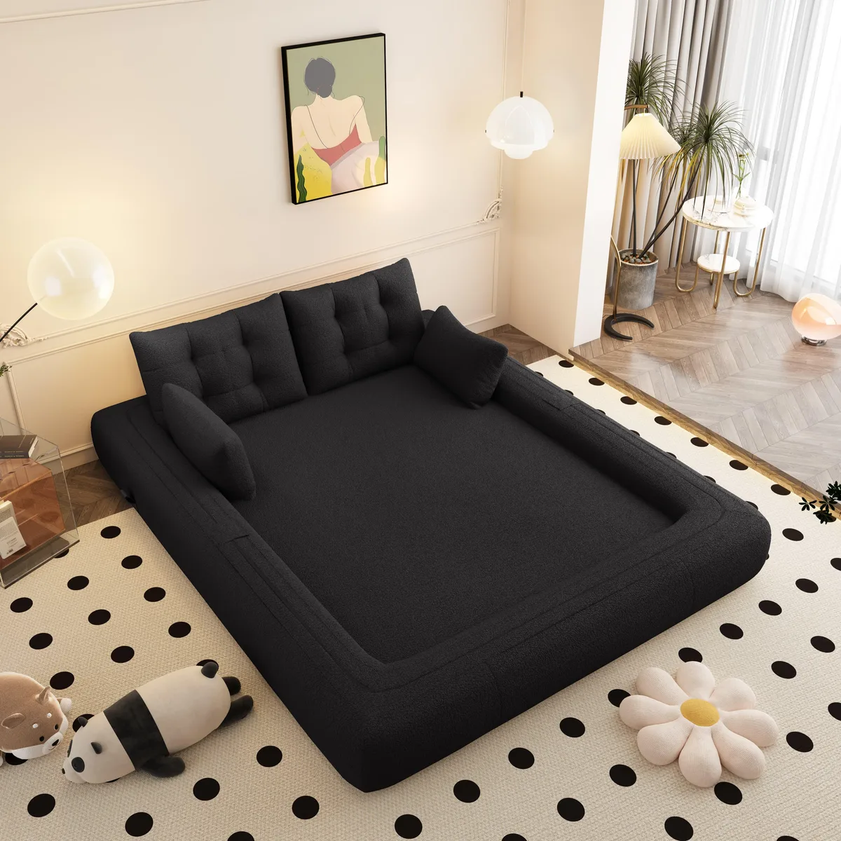 Black teddy fabric foldable sofa bed 78.7 inches long with plush pillows