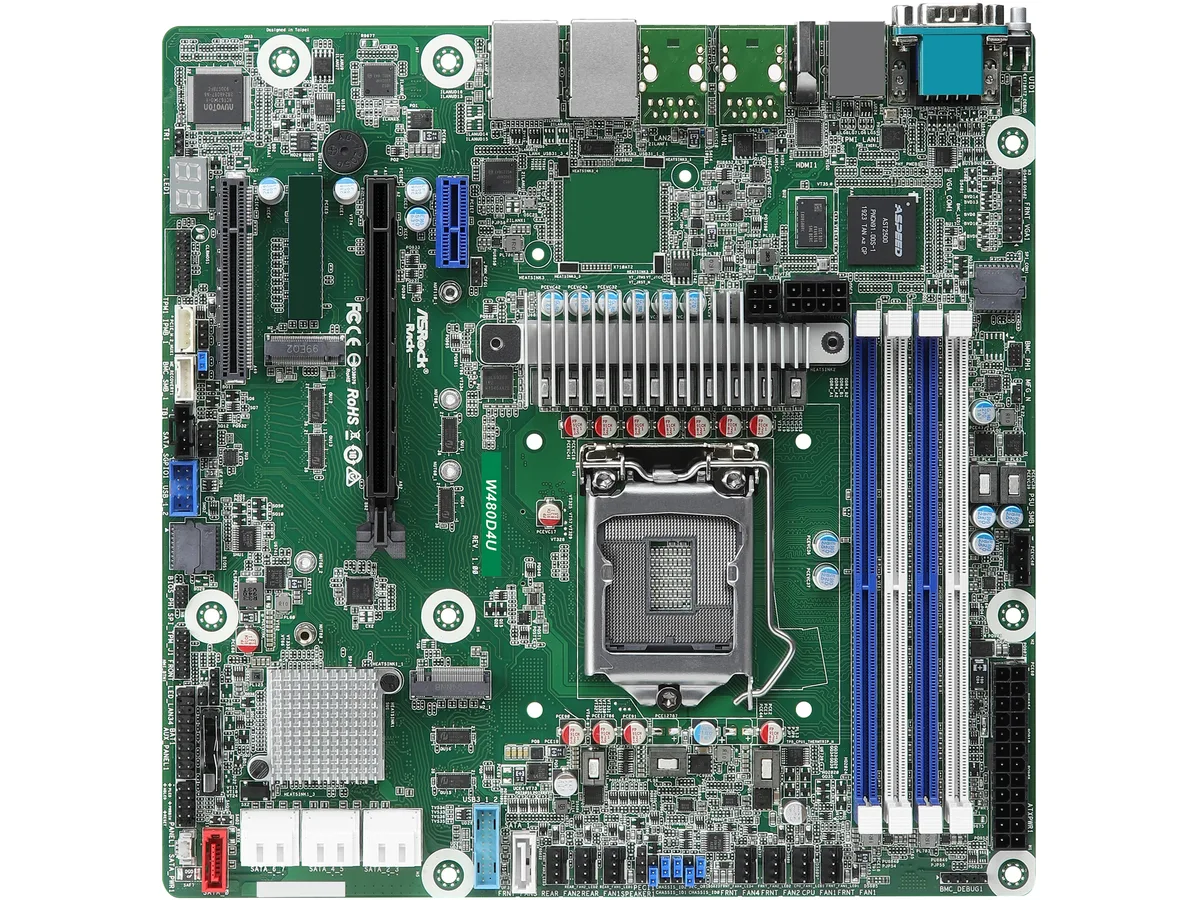 ASRock Rack ASRock Rack W480D4U mATX server motherboard LGA 1200 Xeon W-1200 4×288-pin DDR4 8 SATA 2 M.2 — product photo
