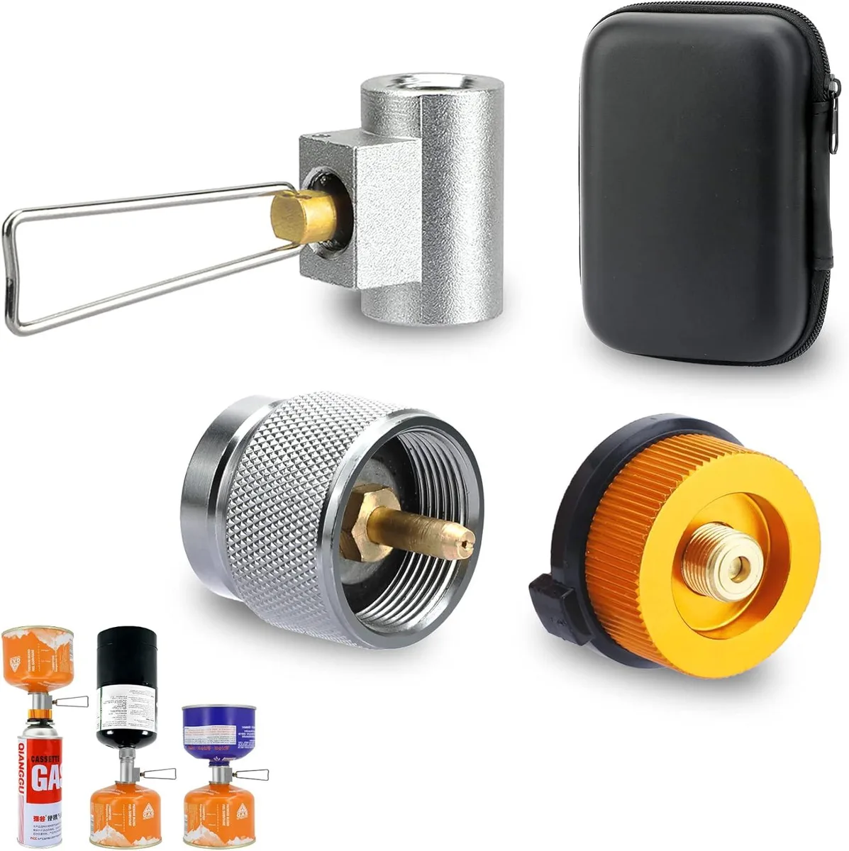 Three small metallic gas adapters with brass and silver finishes, cylindrical shape, threaded connections visible