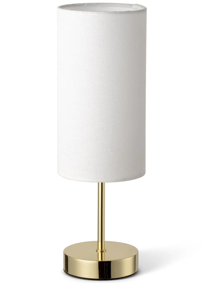 Small round table lamp with white linen shade and polished gold metal base