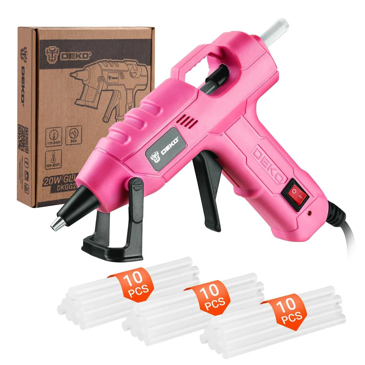  DEKOPRO DKGG20T7GP-AZ-UL Mini Hot Glue Gun Kit 20W 30 Sticks 55-Inch Cord Pink — product photo