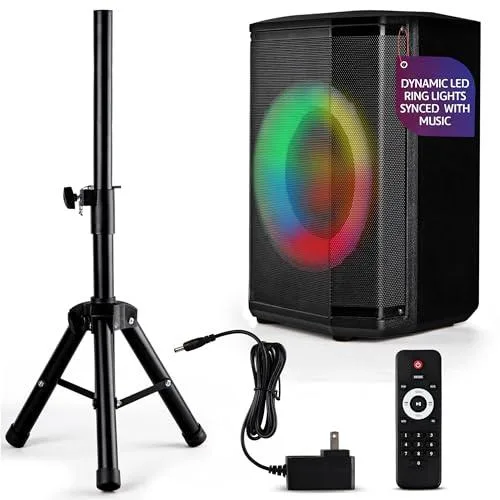 Pyle 8-inch Bluetooth party speaker with colorful ring lights, built-in handle, tripod stand and 6.5 mm mic input
