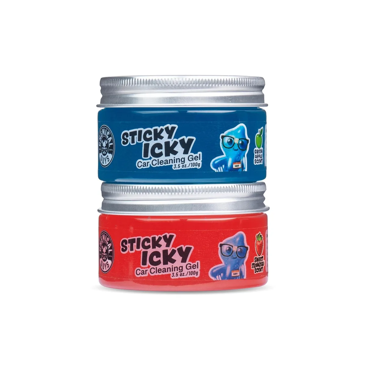 Two 100g tubs of flexible cleaning gel in green apple and strawberry scents