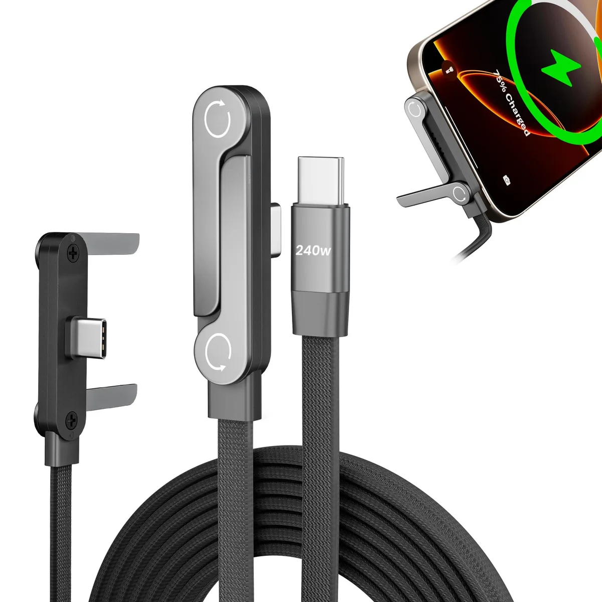 Orange USB-C cable with 90-degree connector and fold-out stand bracket