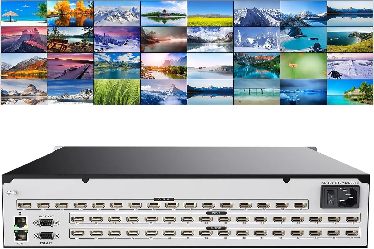 Black rack-mount HDMI matrix switch 16 inputs 32 outputs front panel buttons display