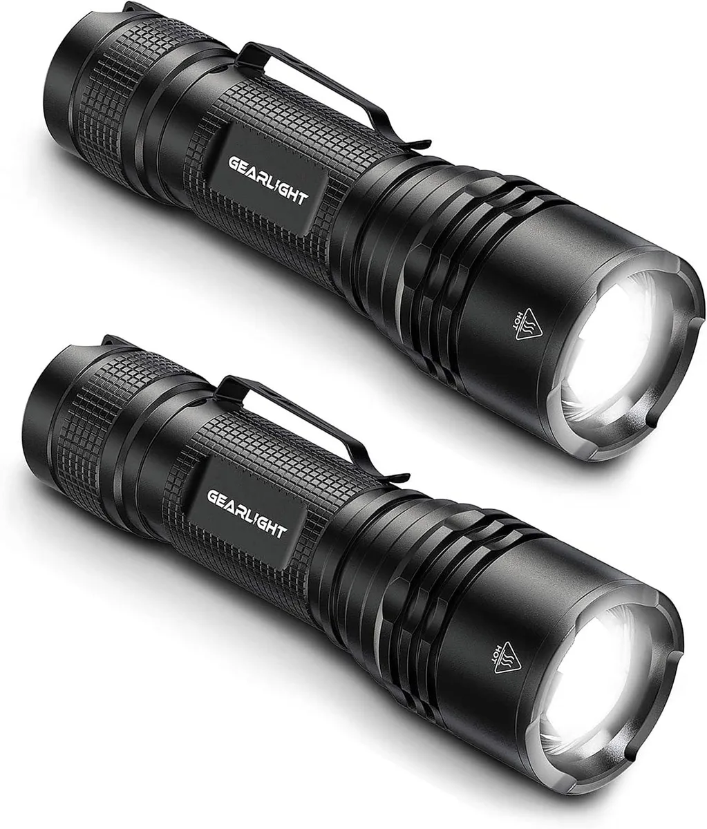 Two compact aluminium flashlights with lanyards and belt clips, each about 5.31 by 1.48 inches
