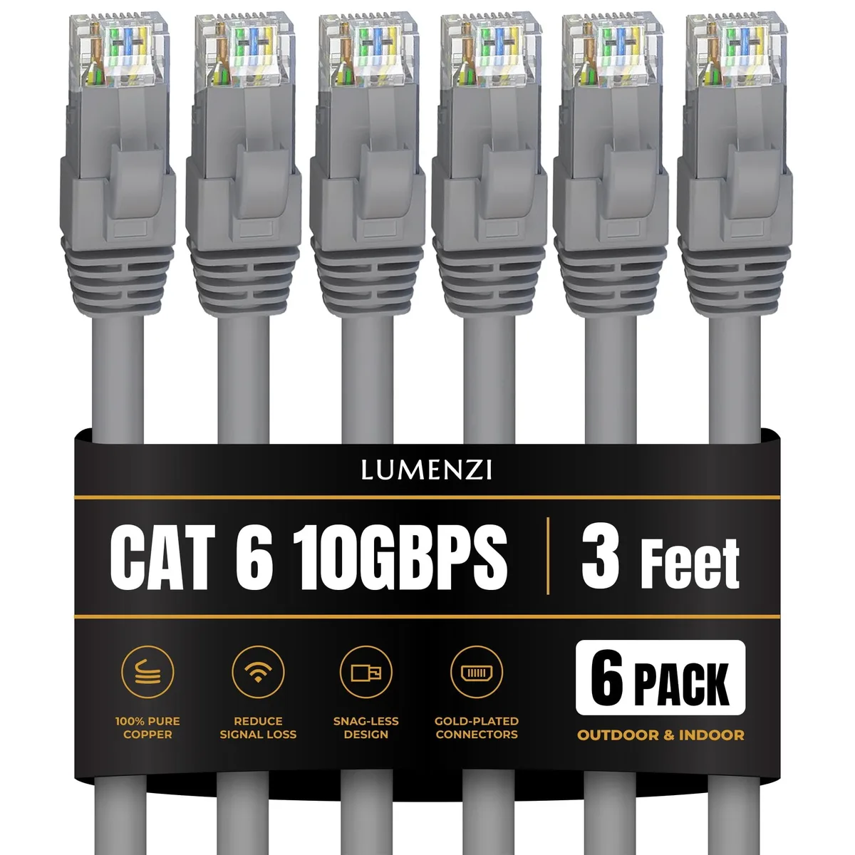 Lumenzi Lumenzi Cat 6 Ethernet Cable 3 FT Grey 6 Pack 10 Gbps 550 MHz — product photo