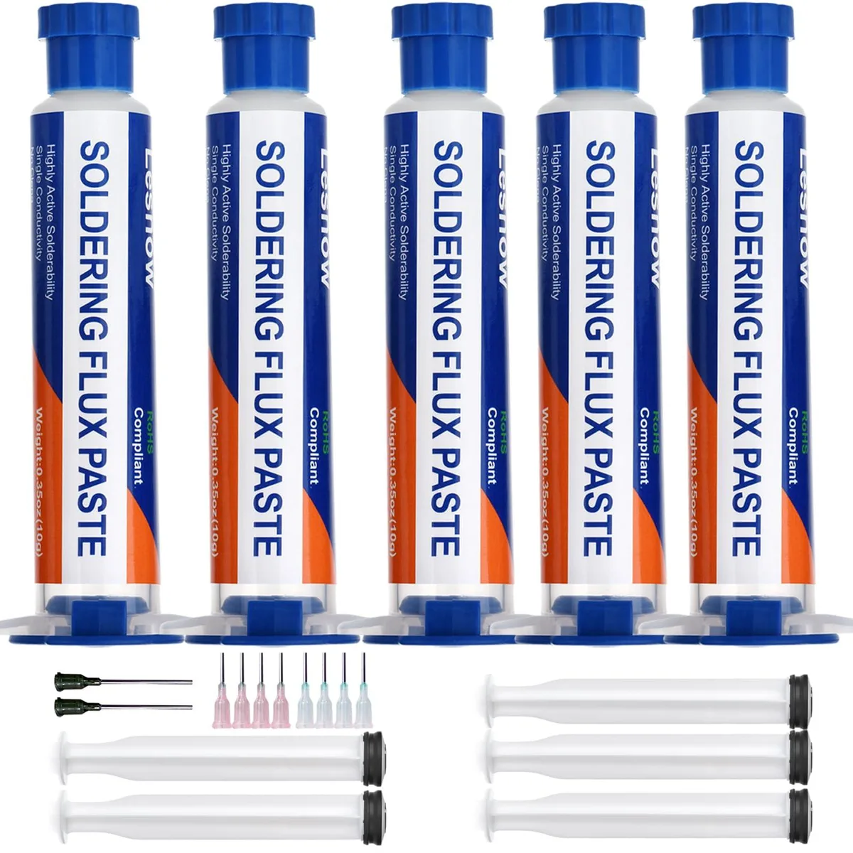 Five small white paste syringes with dispensing tips