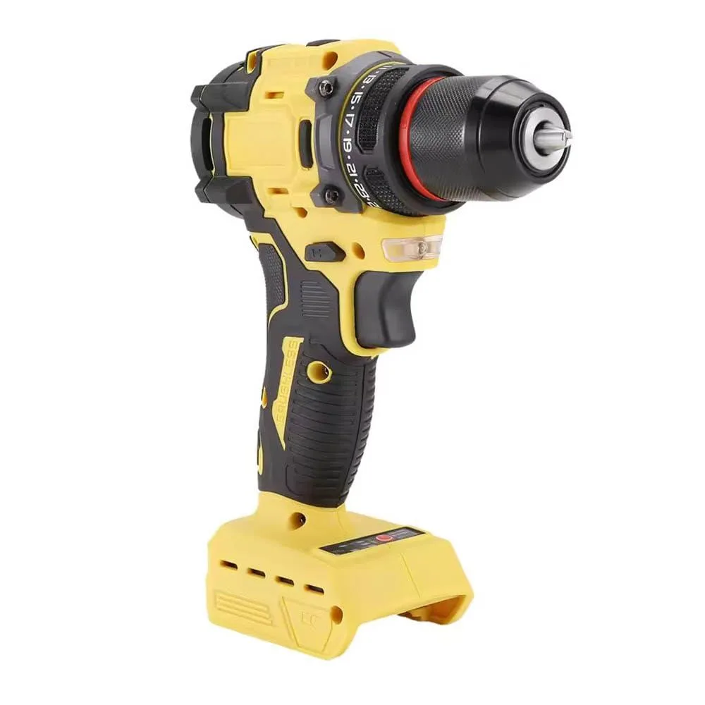 Compact yellow cordless drill driver with 3/8 inch keyless chuck and LED light