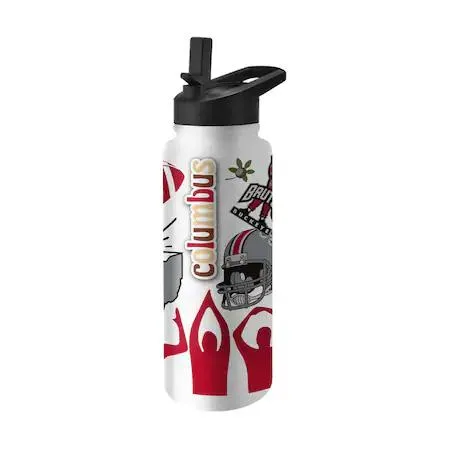 Transparent 34oz stainless steel Quencher bottle with powder coat finish, flip-top spout, straw and carry handle