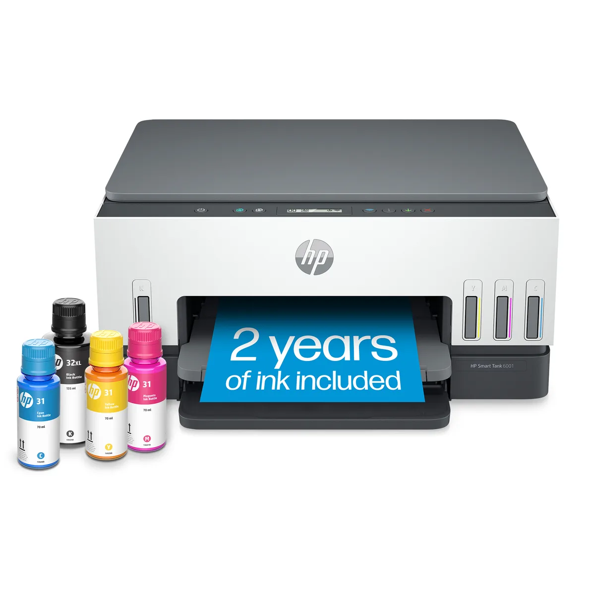 White rectangular all-in-one inkjet printer with visible front ink tanks and flat scanner lid