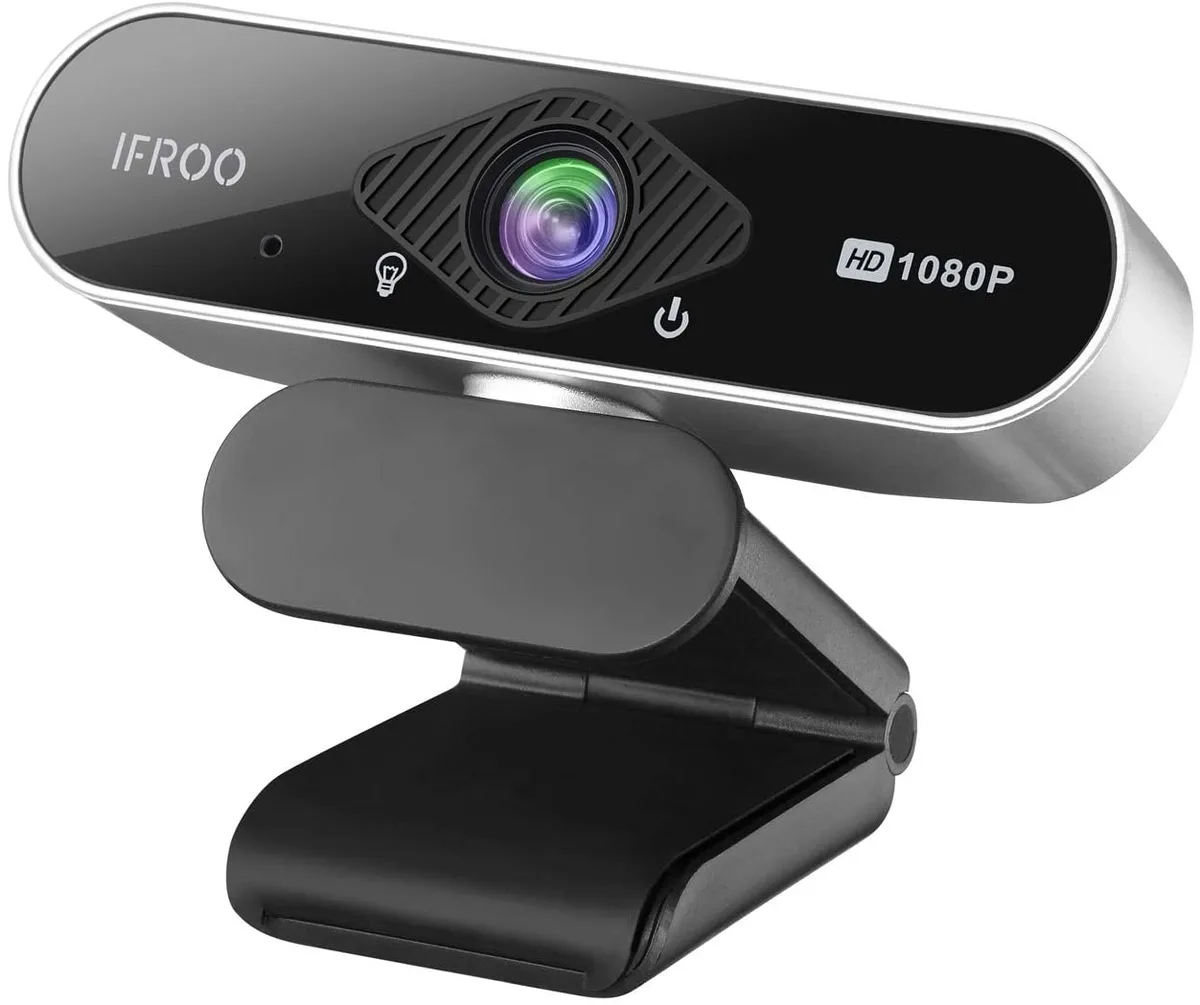 Compact rectangular webcam with dark matte finish, front lens and microphone grille, clip mount visible