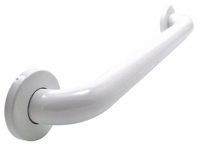 White painted straight grab bar, 24 inch length, stainless steel core, wall mounted with visible flanges