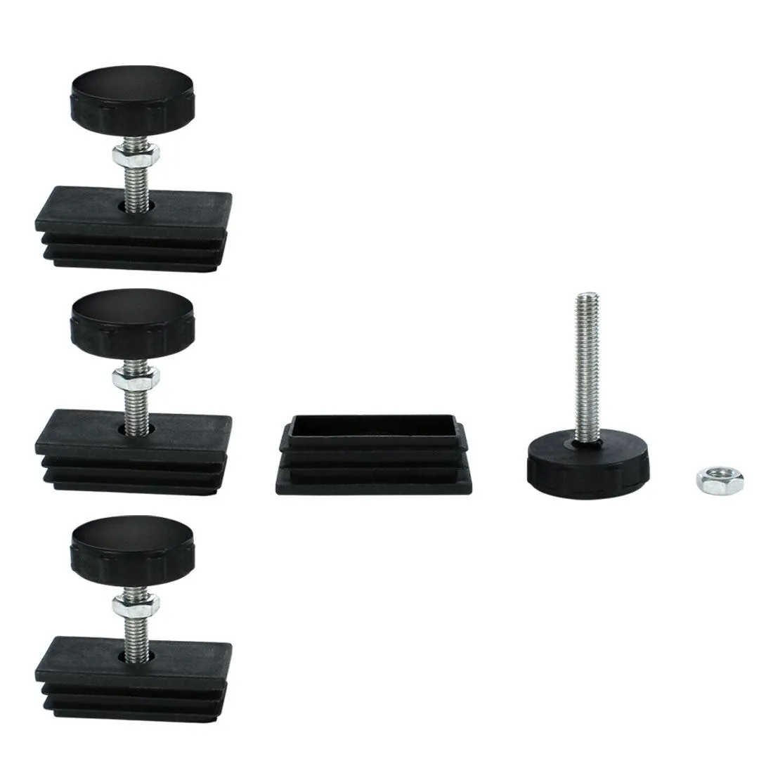 Four black plastic tube inserts with threaded adjustable feet for 30 by 60mm tubes