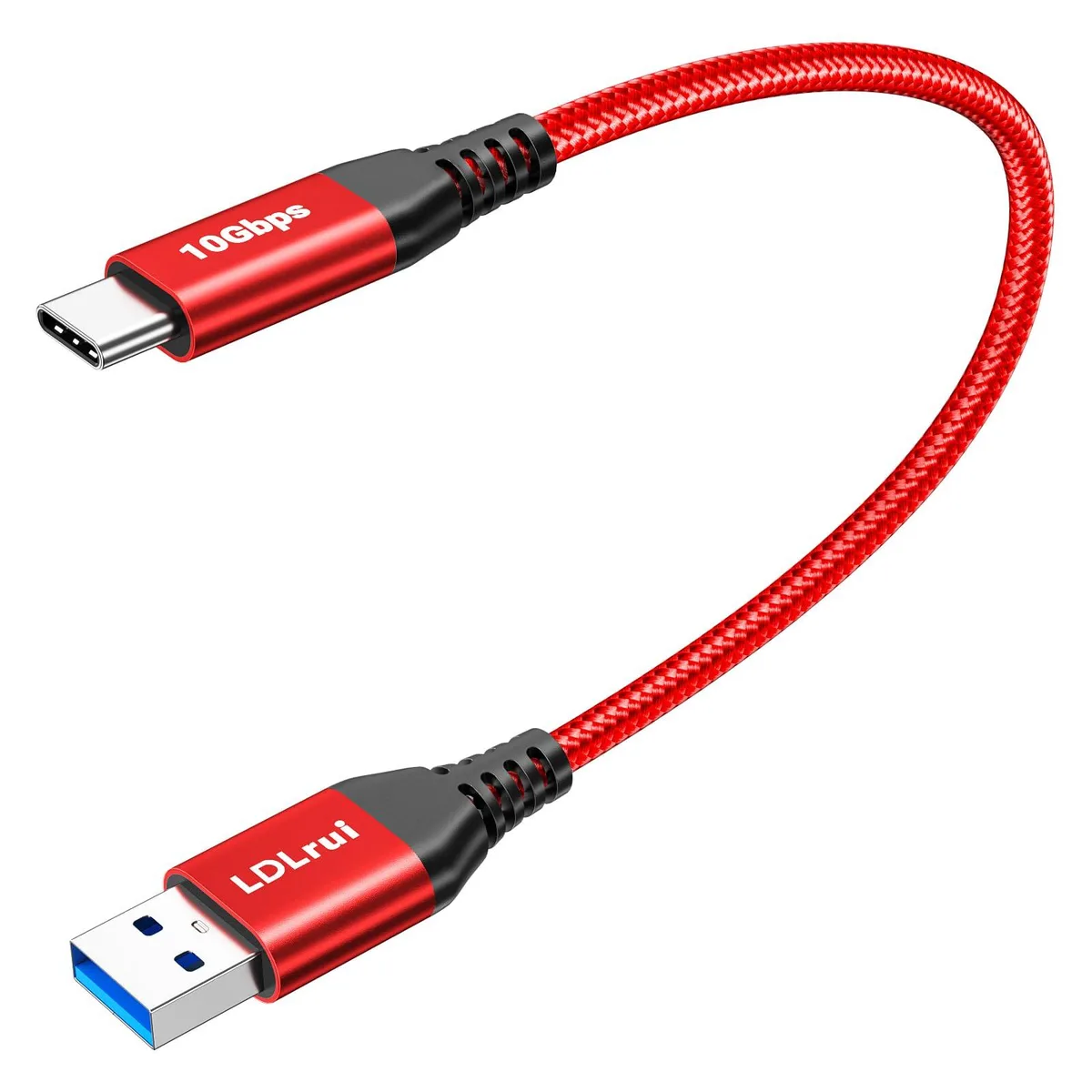 Short red USB-A to USB-C cable, 0.5 ft, male-to-male connectors