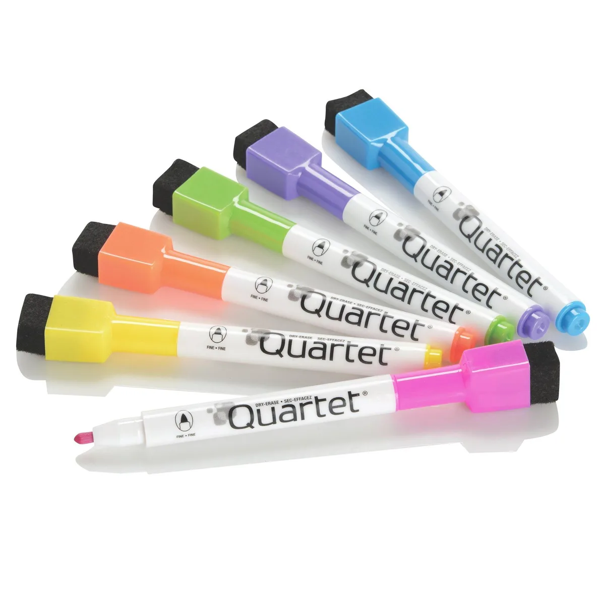 Six mini dry-erase markers with magnetic eraser caps in assorted vivid colors