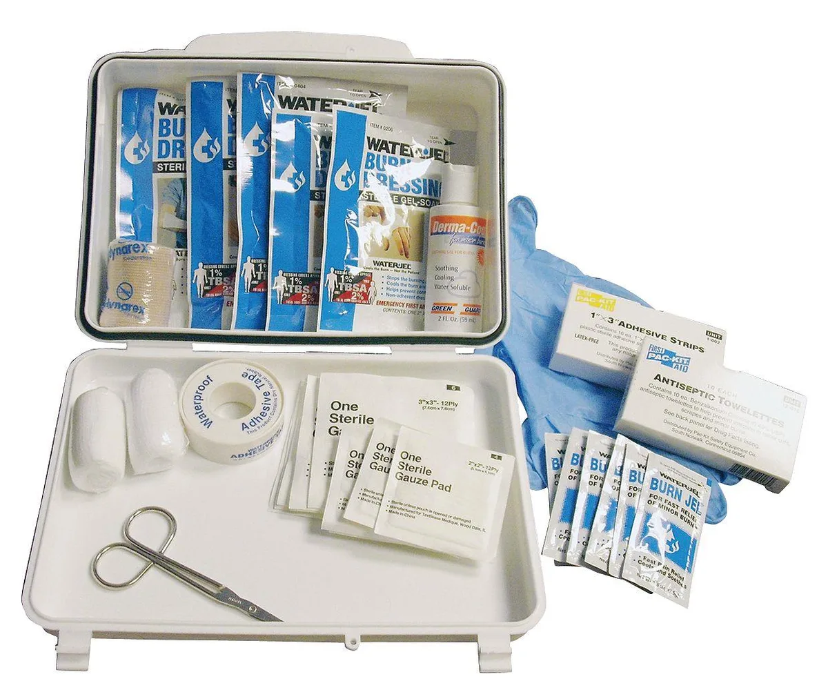 White plastic burn care kit box with 138 components for two people