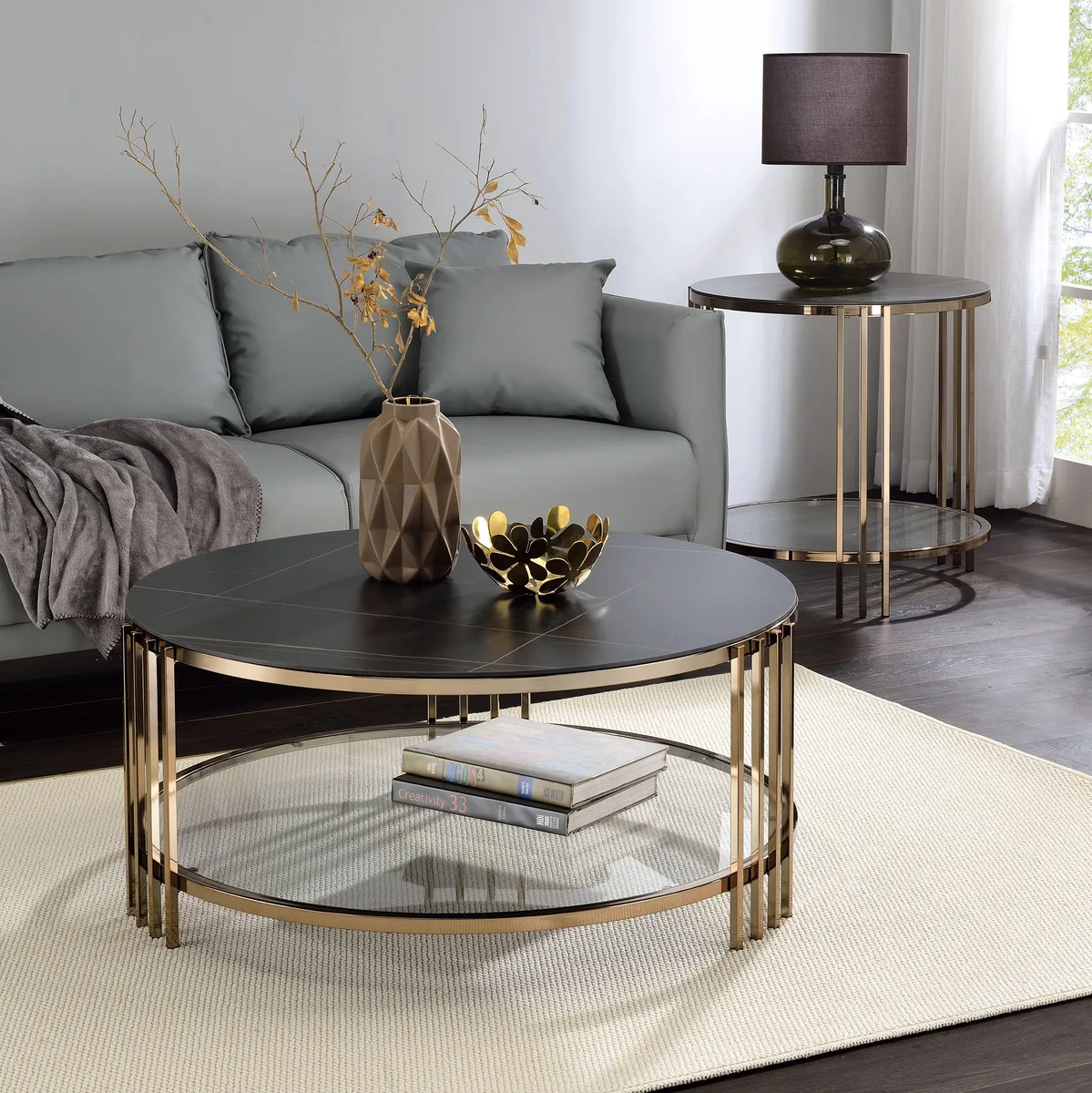 tuphen tuphen Round Coffee Table Sintered Stone Black Champagne Finish — product photo