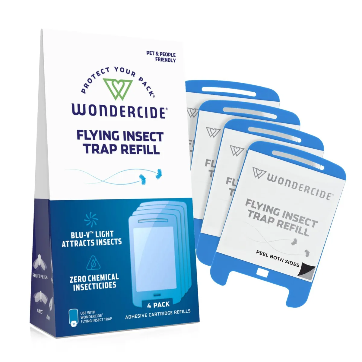 Four white rectangular refill cartridges in clear packaging
