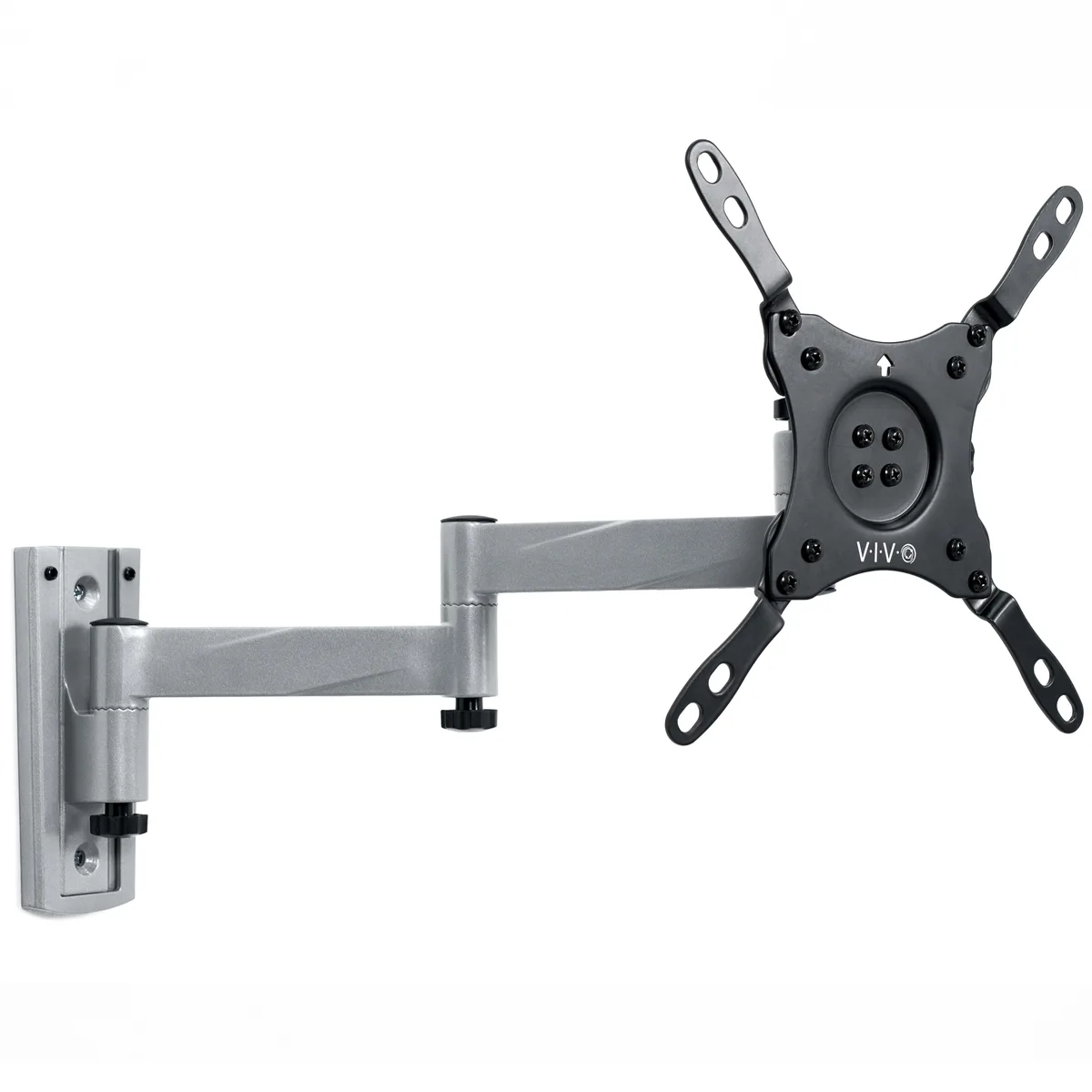 Black metal TV wall bracket with two mounting plates and articulated arm, lockable quick-release design for 13 to 43 inch screens
