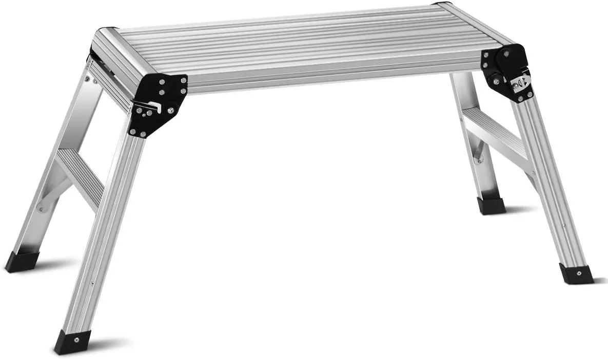 Silver aluminium folding work platform with anti-slip platform and skid-resistant feet