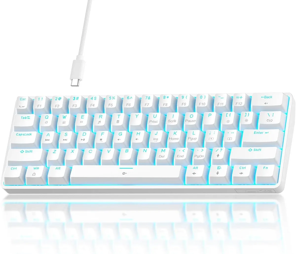 Compact white 60% mechanical keyboard with red linear switches and LED backlighting