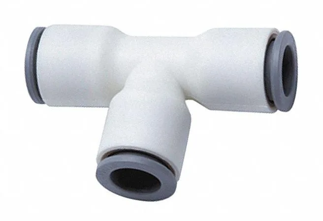 White nylon push-fit tee fitting with three 1/2 inch connections