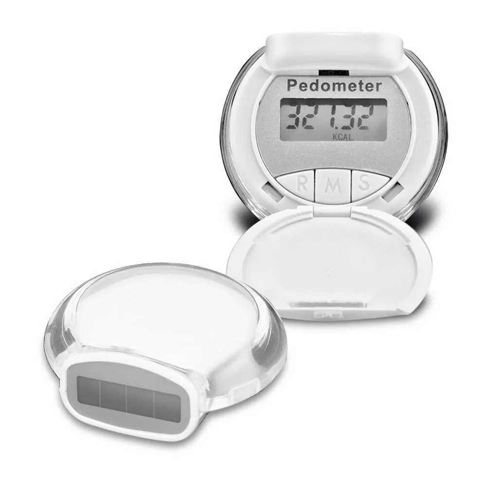 Translucent white bubble pedometer with built-in belt clip, solar and battery powered