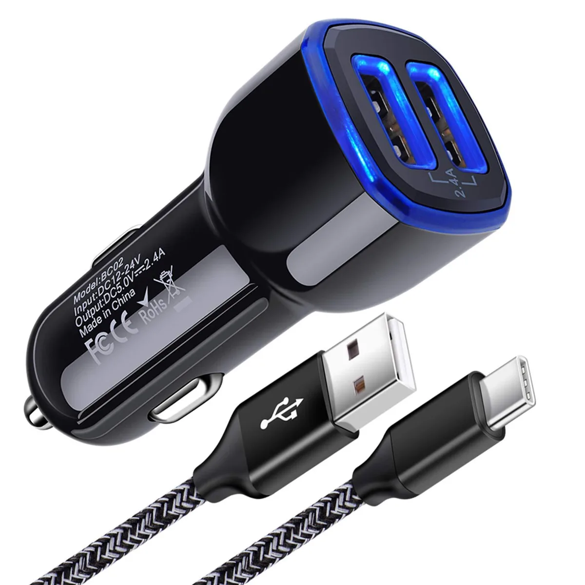 Compact black car charger with two USB ports and a coiled USB-C cable attached