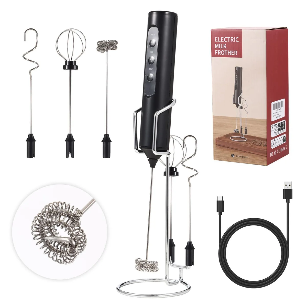 Black rechargeable handheld milk frother with stand and three stainless steel whisks