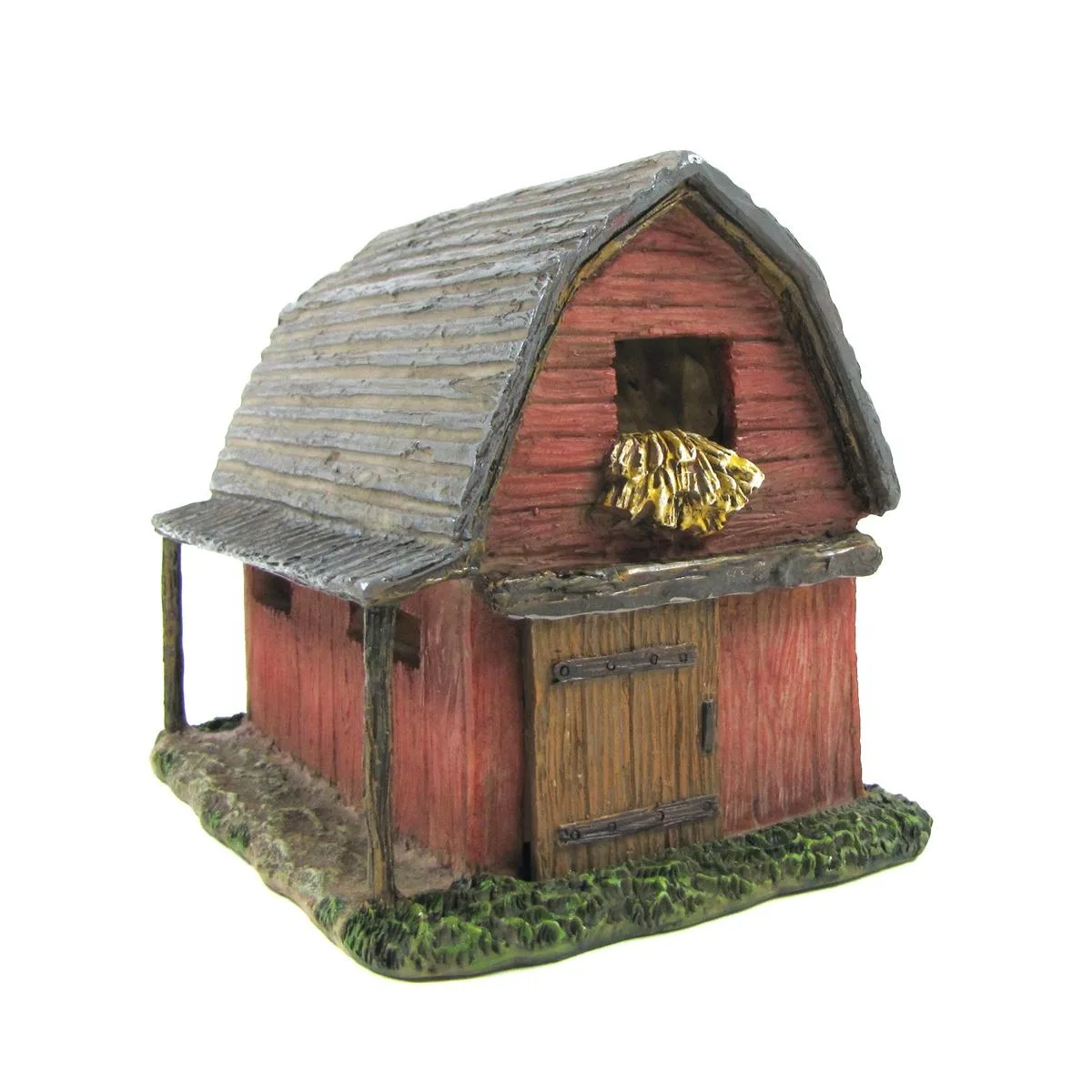 Miniature red barn with wood siding, open hay loft and sliding door