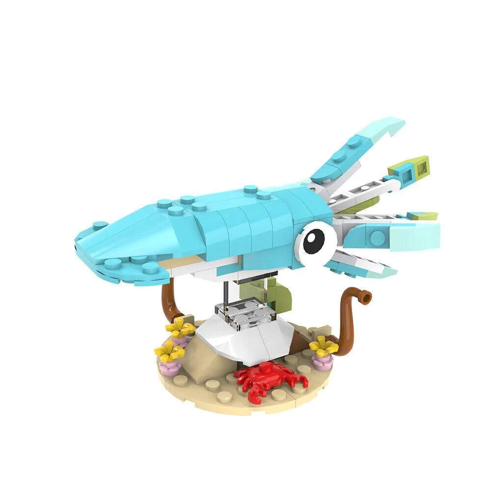 Colourful plastic squid model with six articulated limbs on a display stand, 127 pieces