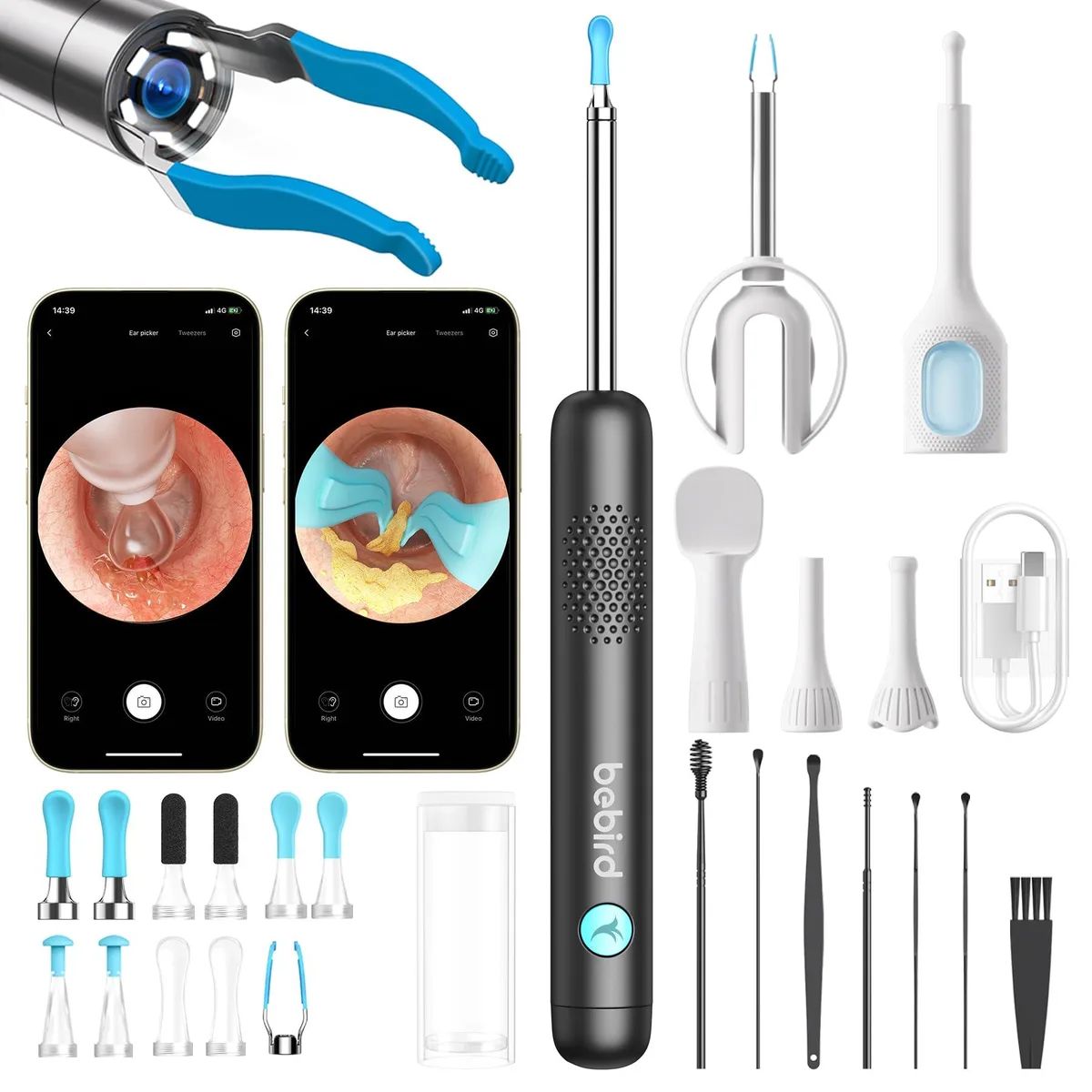 Black handheld ear otoscope with camera lens and LED light, plus multiple tip attachments