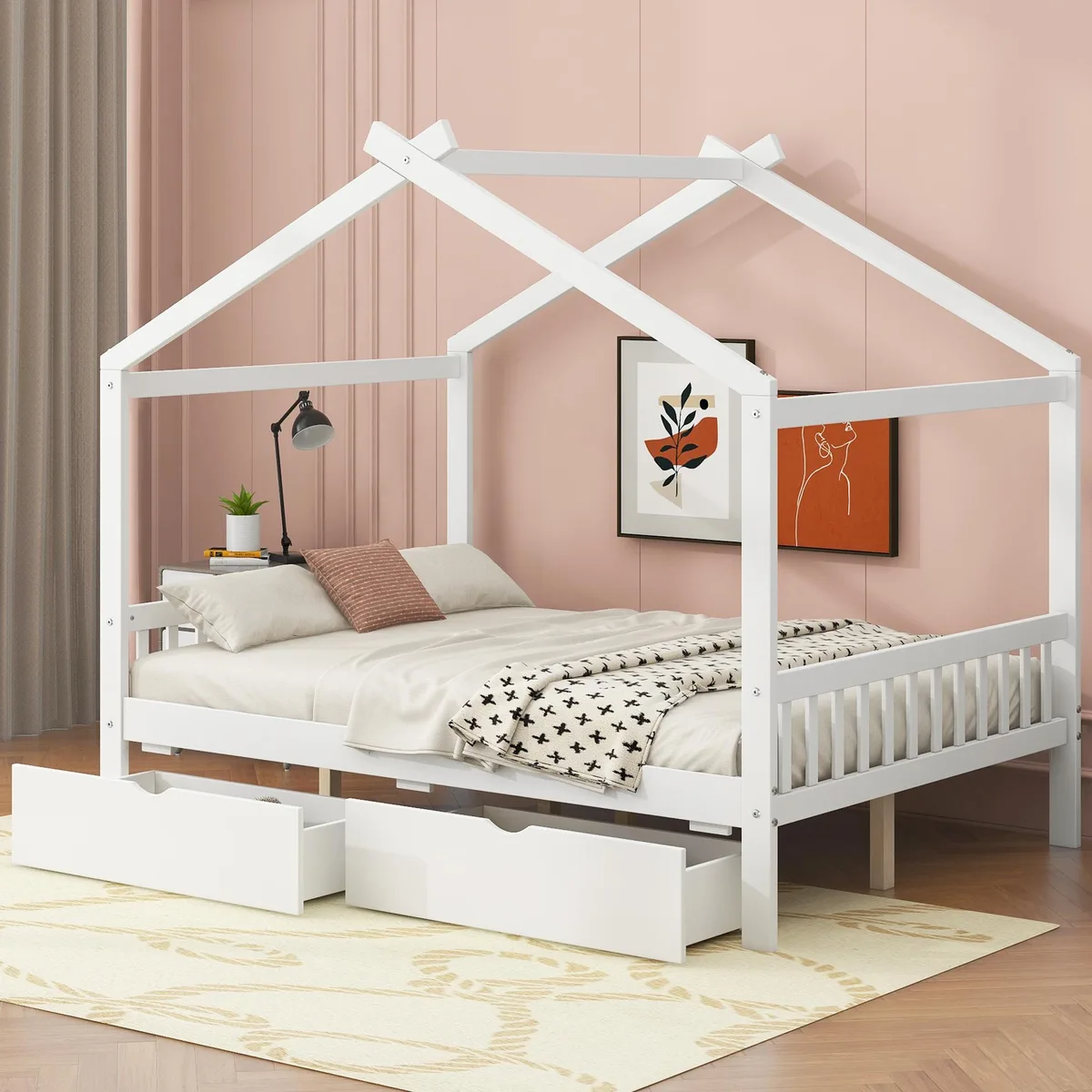 tuphen tuphen Full Size House Platform Bed with Two Drawers White — product photo