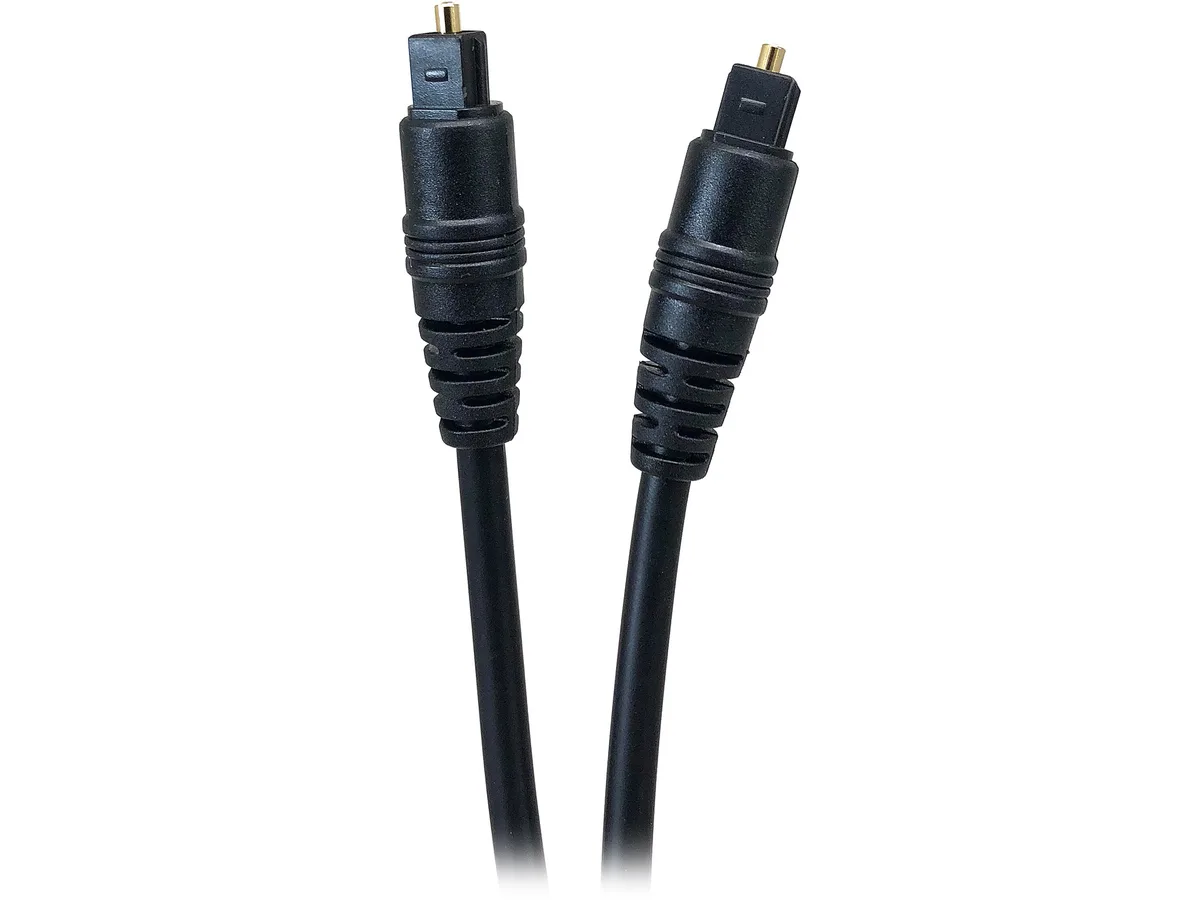 Black 12 ft Toslink optical audio cable with molded square connectors and protective caps