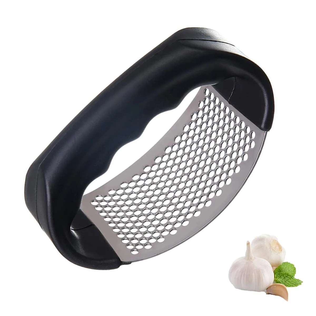 Stainless steel garlic press rocker with arc shape and silicone handle, 4.2 inches long
