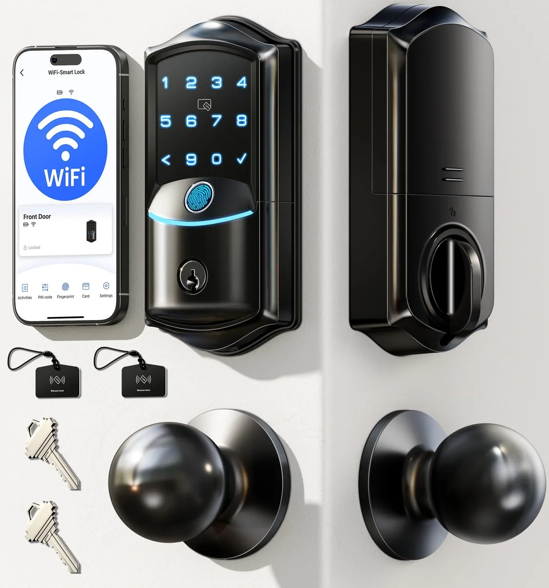 Matte black smart lock with knob, keypad and fingerprint sensor, rectangular 7.09 by 3.54 by 9.84 inches