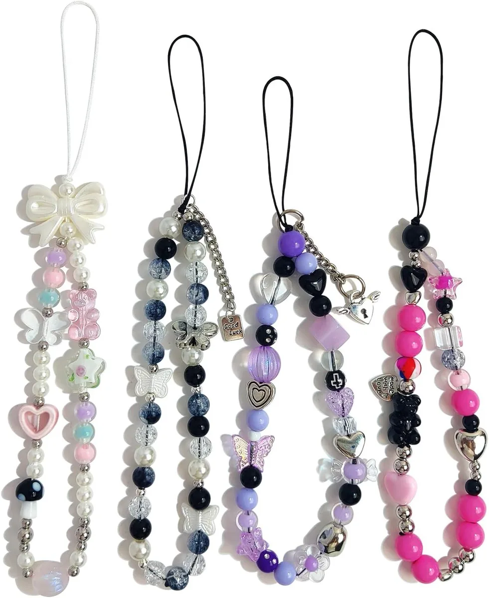 Colorful beaded phone lanyard wrist strap with loop attachment