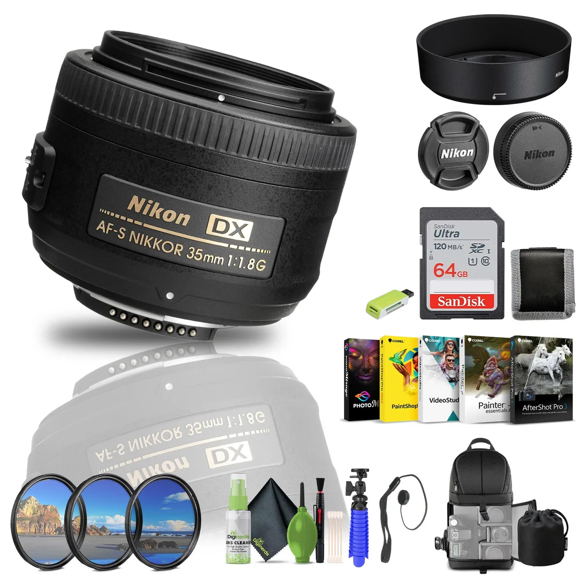 Nikon Inc Nikon Inc AF-S DX NIKKOR 35mm f/1.8G (2183) 64GB Memory Card Filters Bundle camera lens — product photo