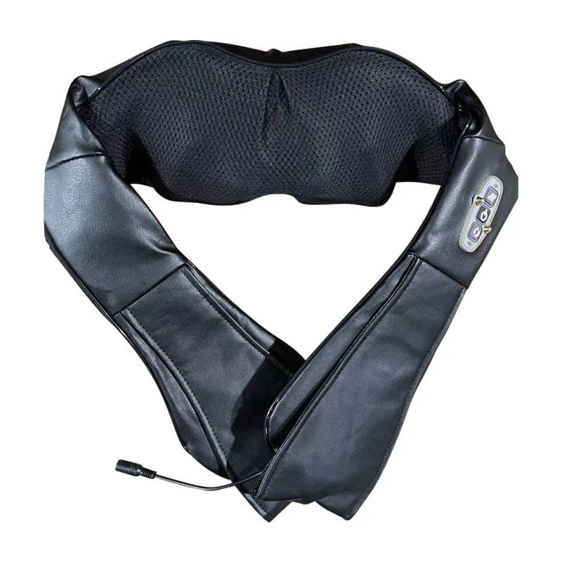Black rectangular massage pillow with mesh fabric panel and four control buttons