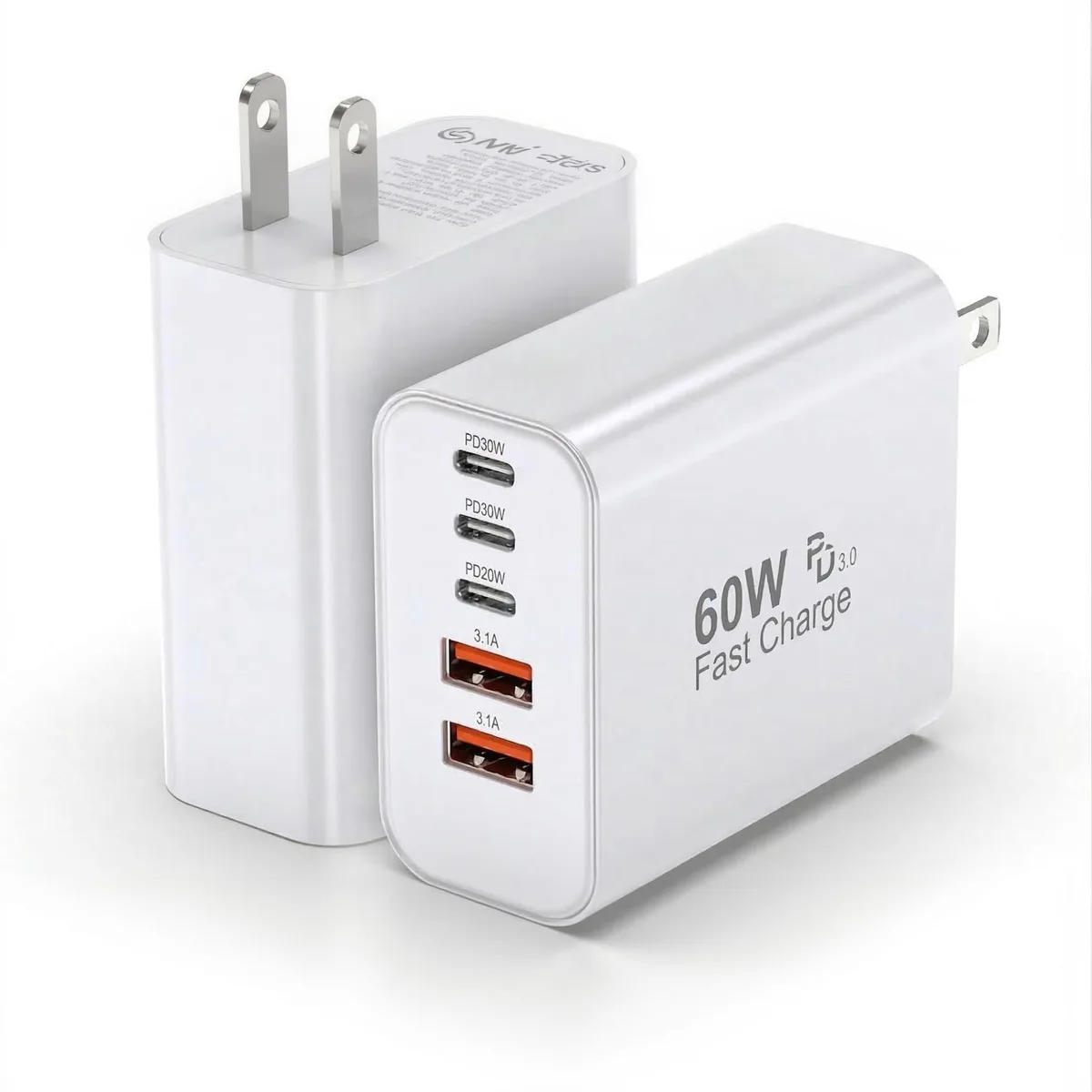  TZBAY XHD-PD60W3C2A 5-port USB charger 60W 3C2A white 2-pack — product photo