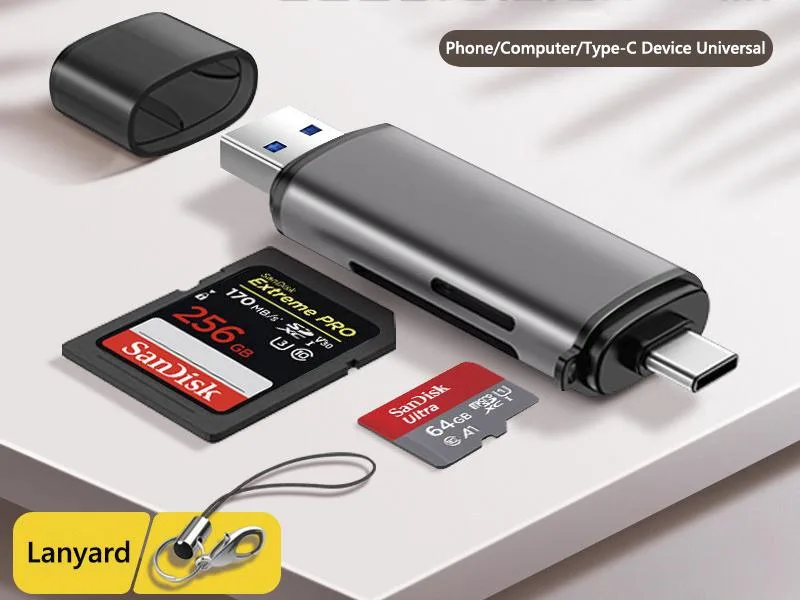 Black dual-slot card reader with USB-C and USB 3.0 connectors
