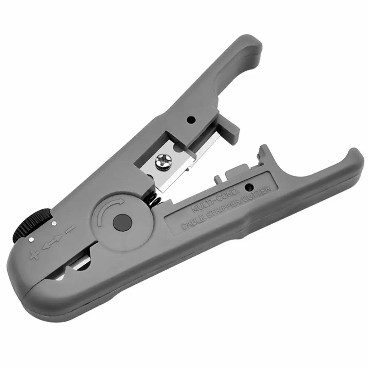 Gray plastic cable stripper and cutter with adjustable blade and replaceable blade set