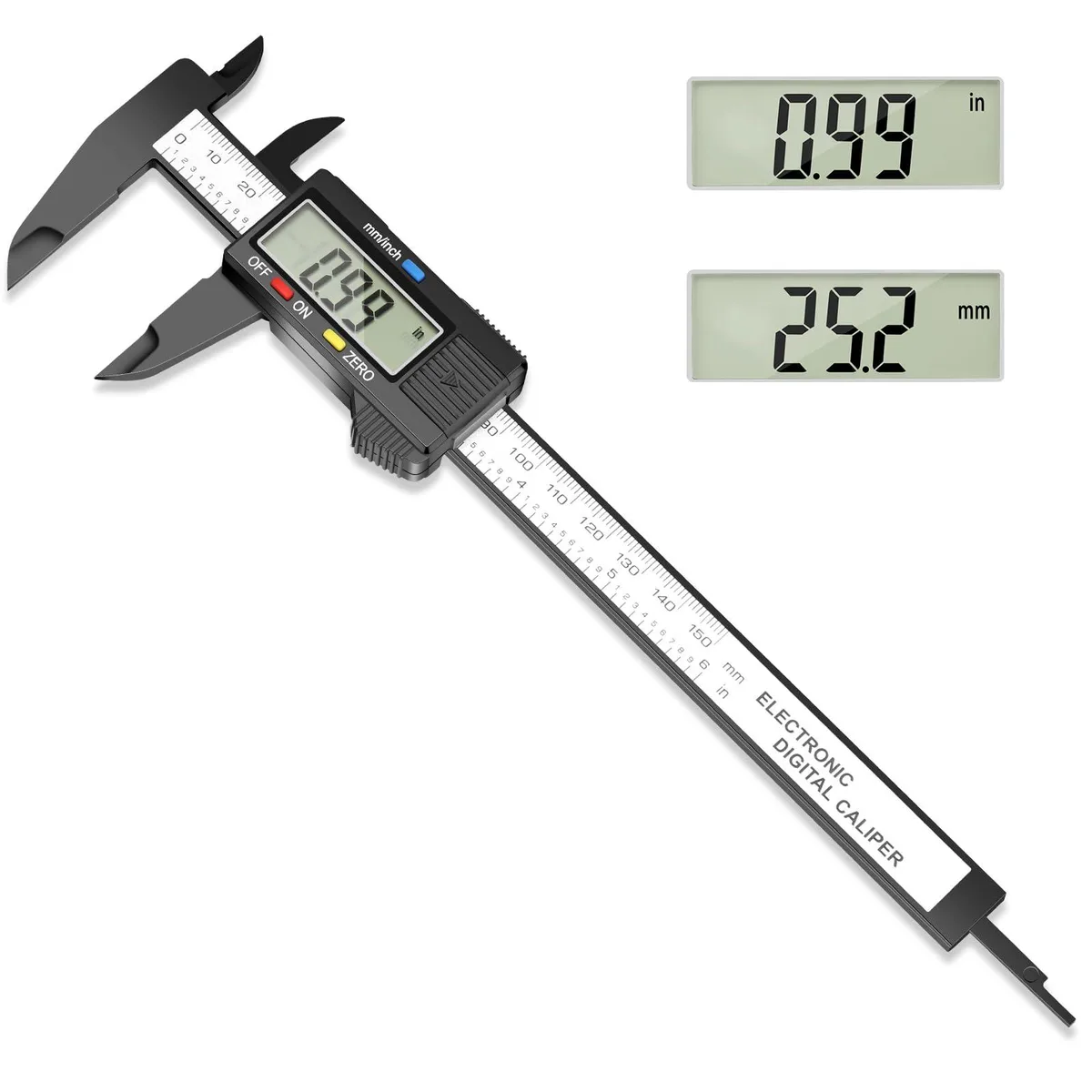 White plastic digital caliper with large LCD screen, 0 to 6 inch range